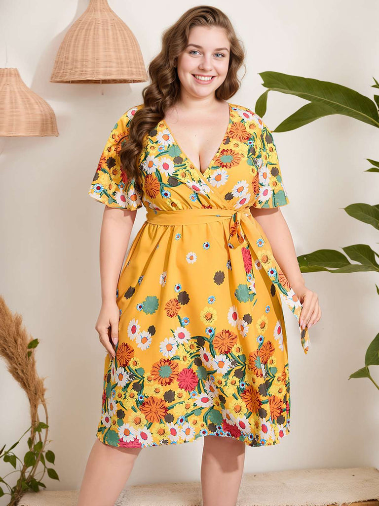 Plus Size] Yellow 1950s V-Neck Belted Floral Dress – Retro Stage - Chic Dresses and Accessories