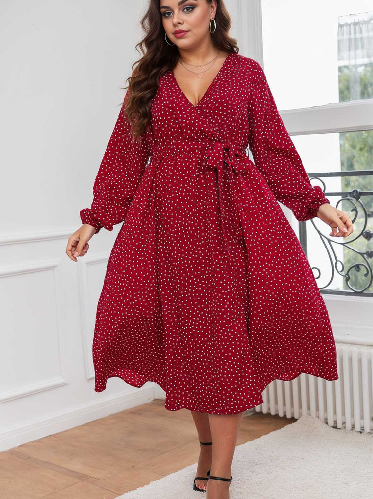 [Plus Size] Red 1940s V-Neck Polka Dot Lace-Up Dress