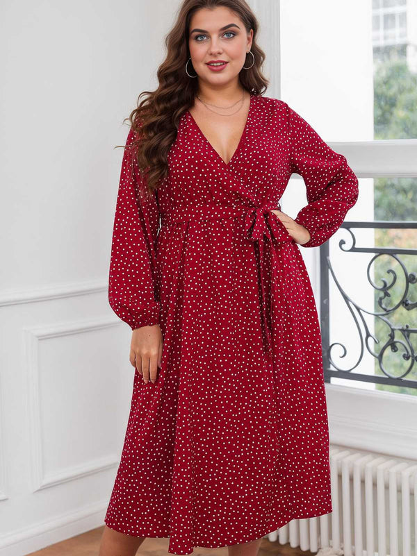 Plus Size V-Neck Polka Dot Lace-Up Dress Red