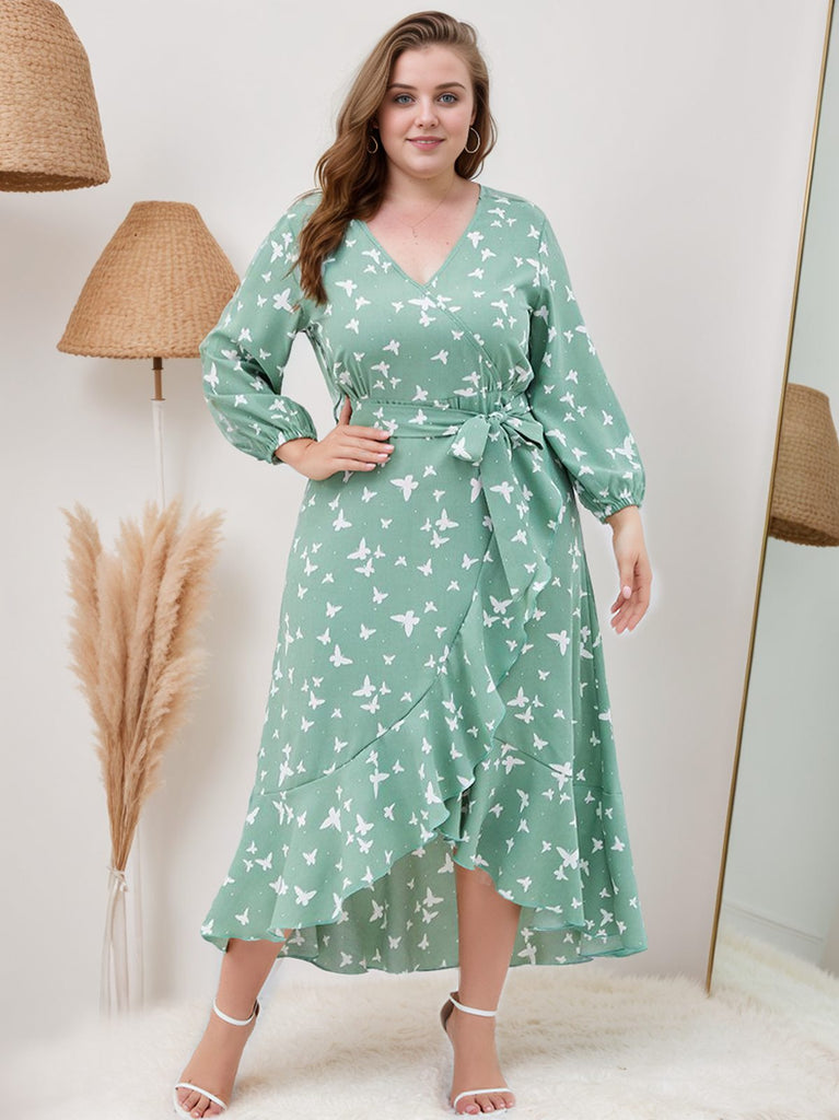 Plus Size] Green 1940s V-Neck Butterflies Puff Sleeve – Retro Stage - Chic Vintage Dresses and Accessories