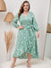 [Plus Size] Green 1940s V-Neck Butterflies Puff Sleeve Dress