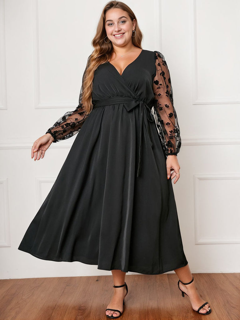 [Plus Size] Black 1950s Floral Mesh Sleeves Dress