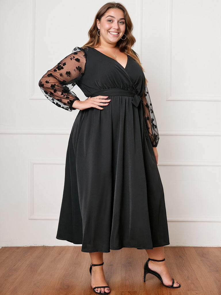 [Plus Size] Black 1950s Floral Mesh Sleeves Dress