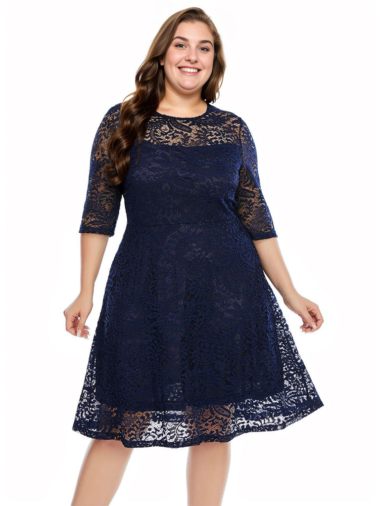 [Plus Size] Blue 1950s Lace Half Sleeves Dress