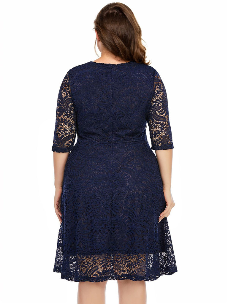 [Plus Size] Blue 1950s Lace Half Sleeves Dress