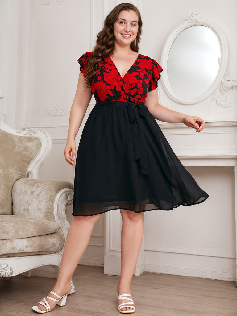 [Plus Size] Black 1950s Red Floral Ruffle Sleeved Dress