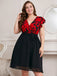 [Plus Size] Black 1950s Red Floral Ruffle Sleeved Dress