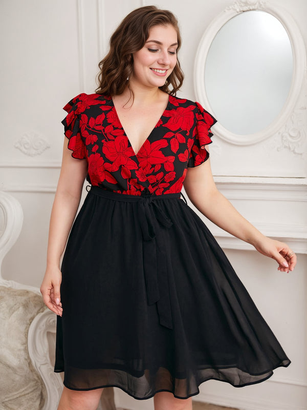 Plus Size 1950s Red Floral Ruffle Sleeved Dress Black