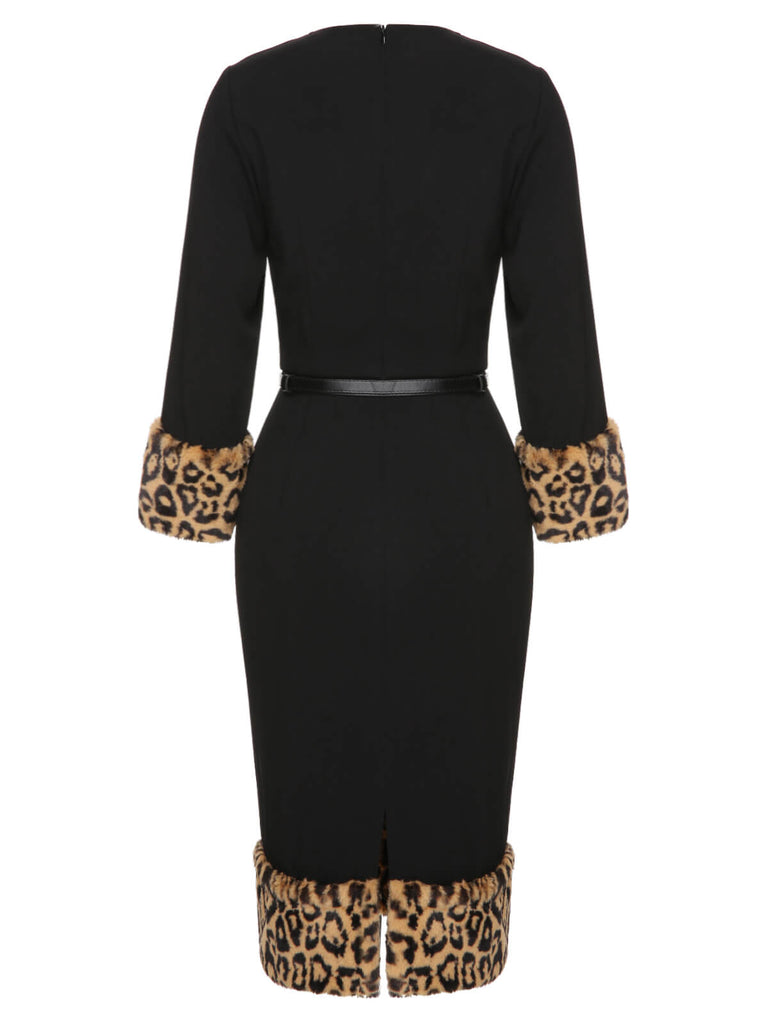 [Pre-Sale] Black 1960s Leopard Plush V-Neck Pencil Dress