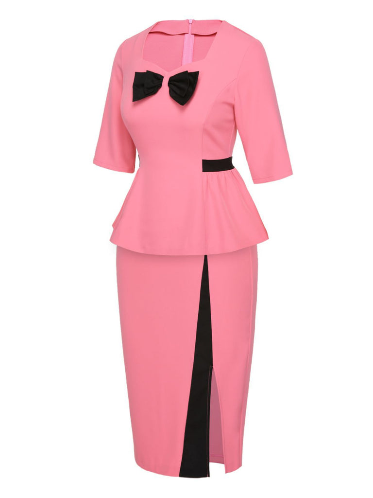2PCS Pink 1960s Bow Waist Top & Slit Skirt