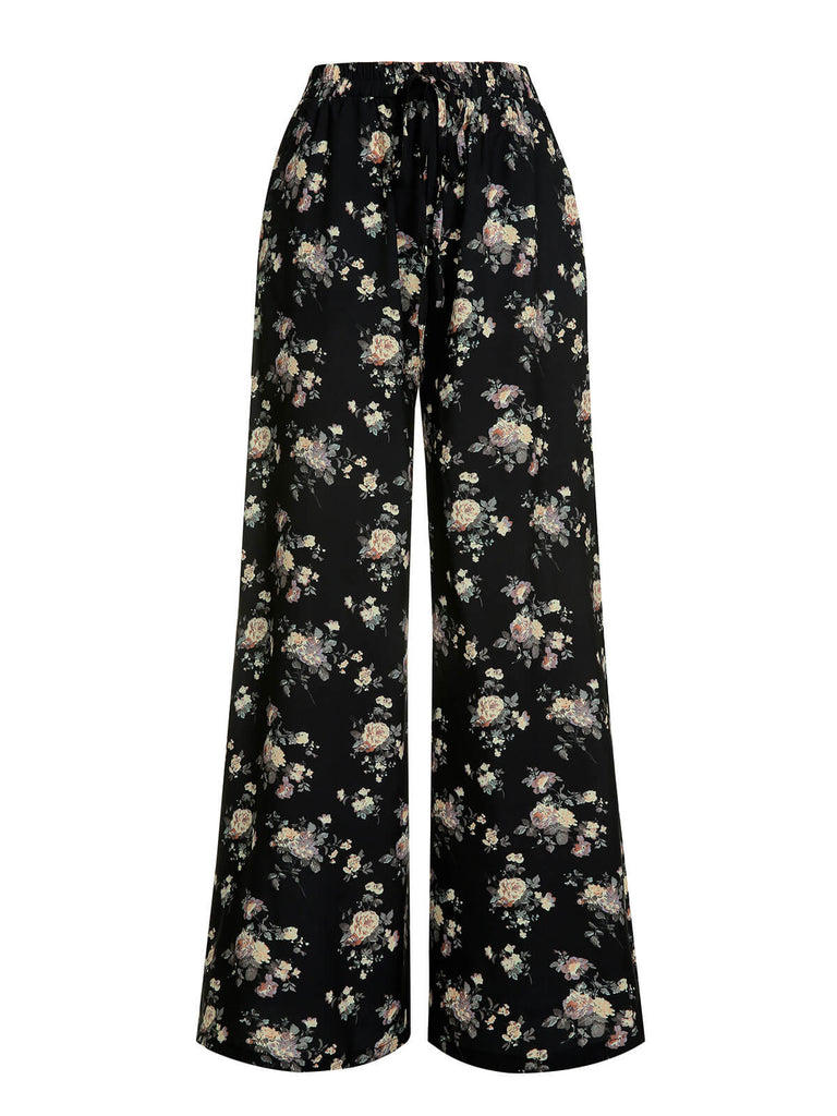 Black 1960s Antique Floral Wide-Leg Pants