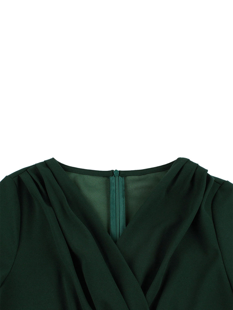 [Plus Size] Dark Green 1950s V-Neck Solid Swing Dress