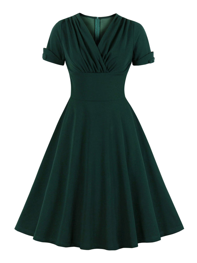 [Plus Size] Dark Green 1950s V-Neck Solid Swing Dress