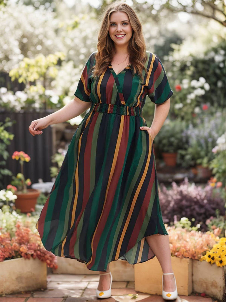 Pre-Sale] [Plus Size] Green 1950s Multicolor Stripes V-Neck Dress – Retro Stage - Chic Vintage and Accessories