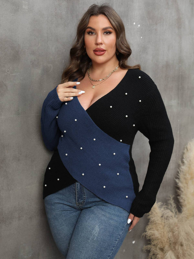 [Plus Size] 1960S V-Neck Cross Sweater With Pearl