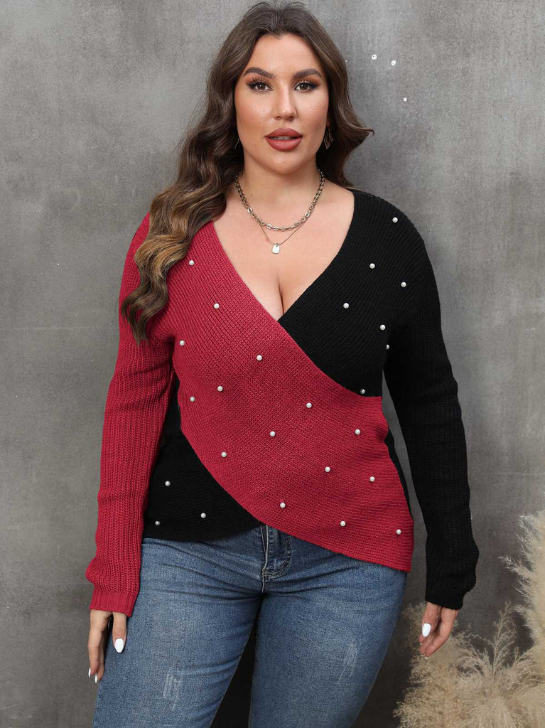 [Plus Size] 1960S V-Neck Cross Sweater With Pearl