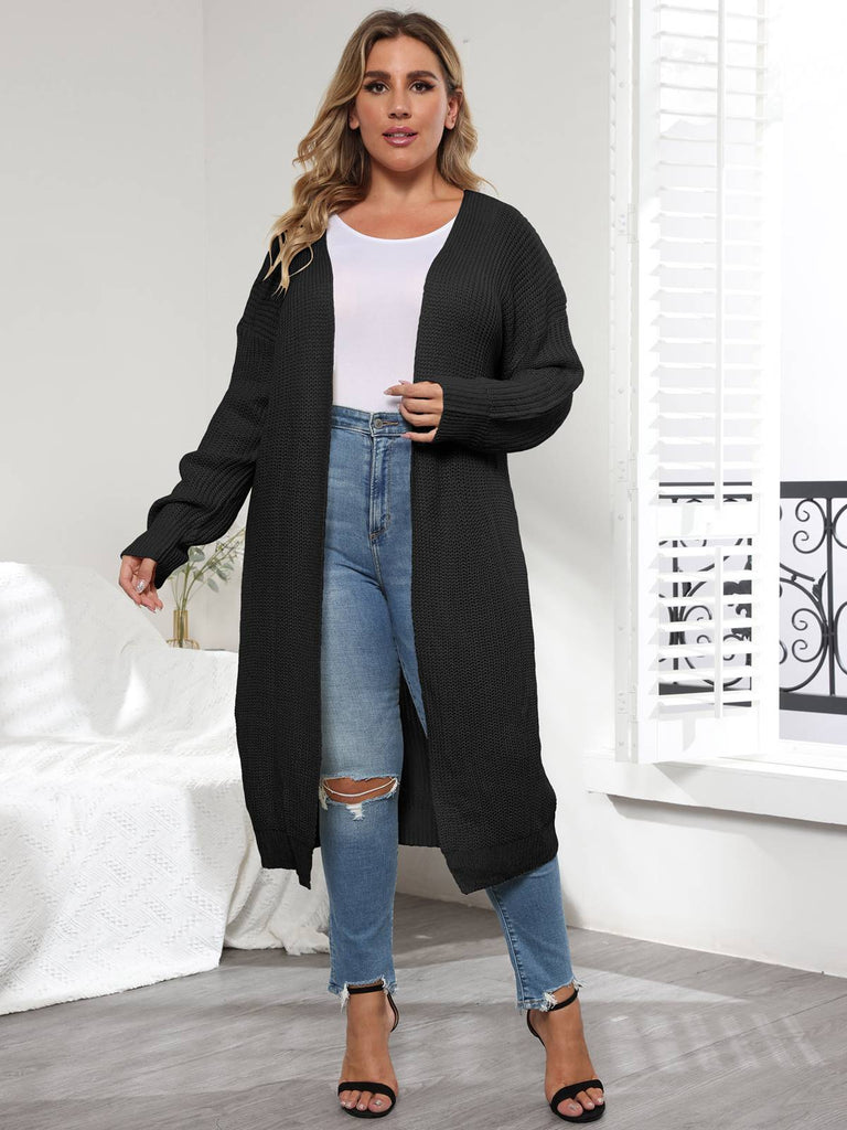 [Plus Size] Solid Color 1960s Knitted Long Cardigan