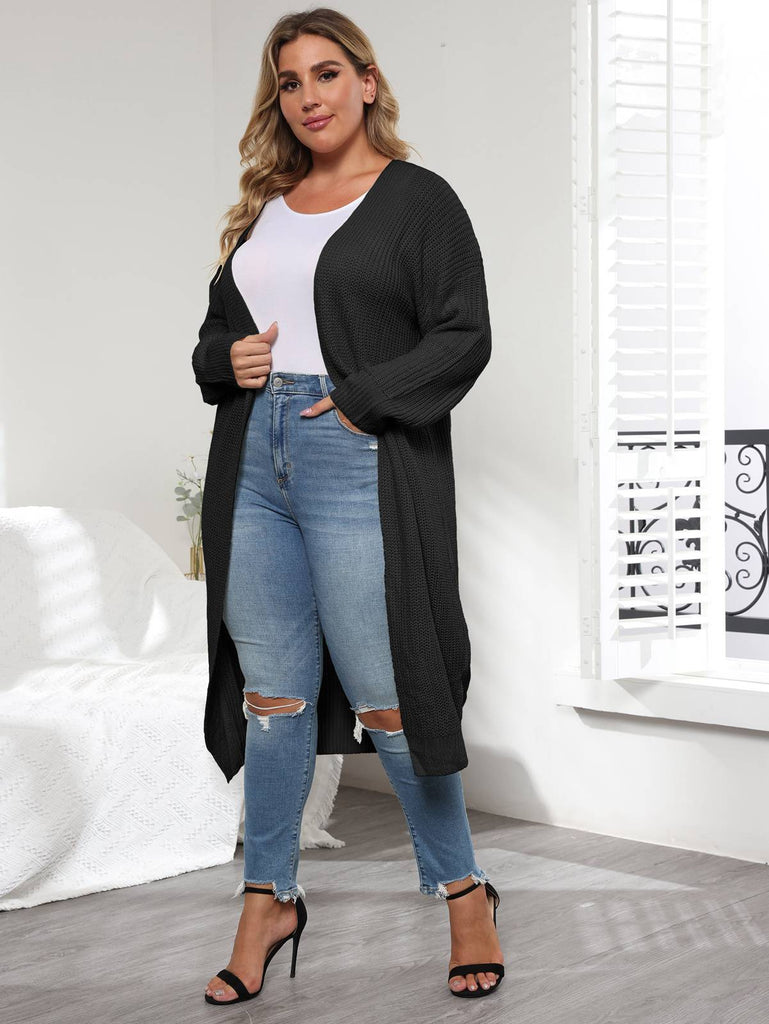 [Plus Size] Solid Color 1960s Knitted Long Cardigan