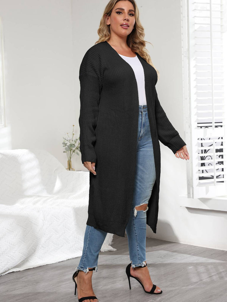 [Plus Size] Solid Color 1960s Knitted Long Cardigan