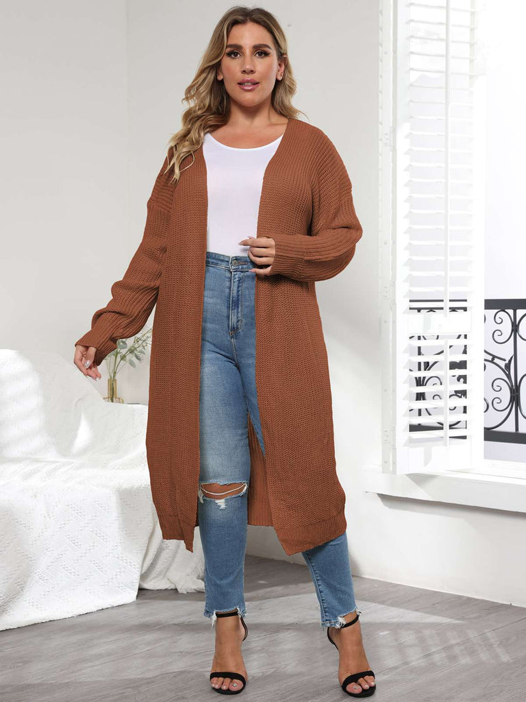 [Plus Size] Solid Color 1960s Knitted Long Cardigan