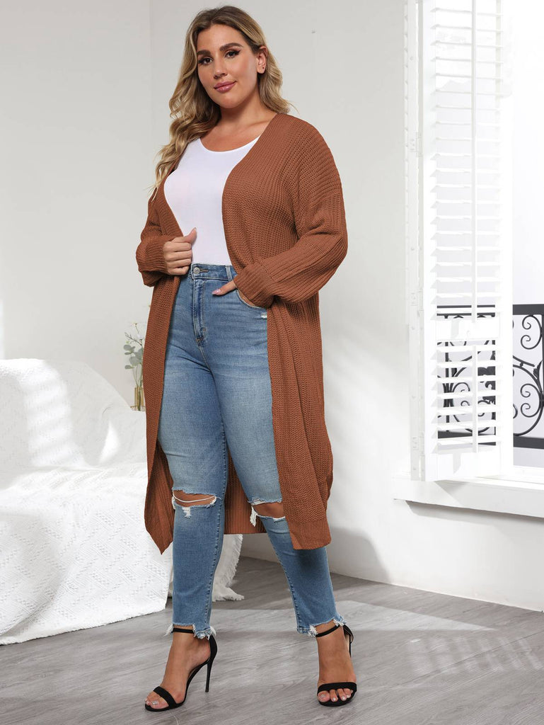 [Plus Size] Solid Color 1960s Knitted Long Cardigan