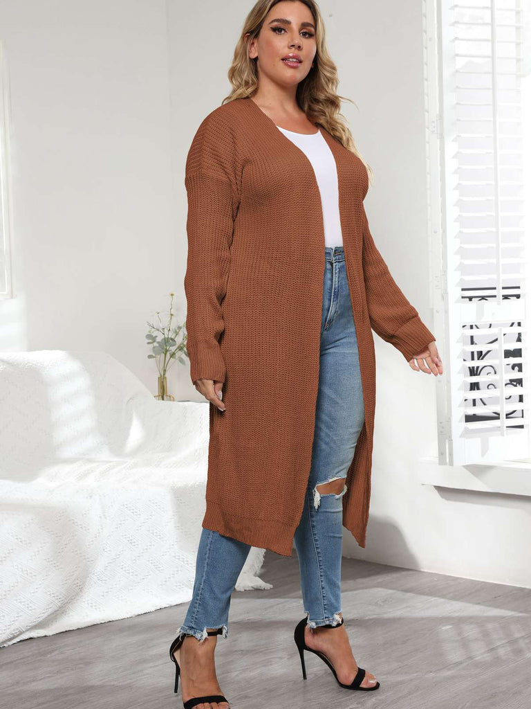 [Plus Size] Solid Color 1960s Knitted Long Cardigan