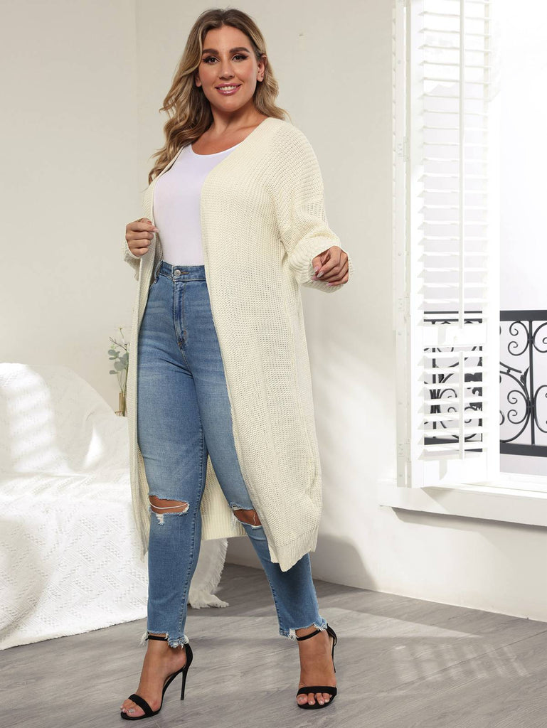 [Plus Size] Solid Color 1960s Knitted Long Cardigan