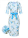 2PCS Sky Blue 1960s Lapel Coat & Floral Pencil Dress