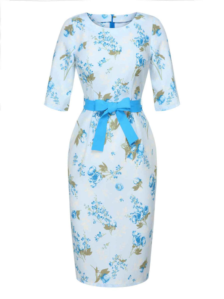 Sky Blue 1960s Floral Belted Pencil Dress