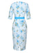 Sky Blue 1960s Floral Belted Pencil Dress