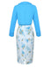 2PCS Sky Blue 1960s Lapel Coat & Floral Pencil Dress