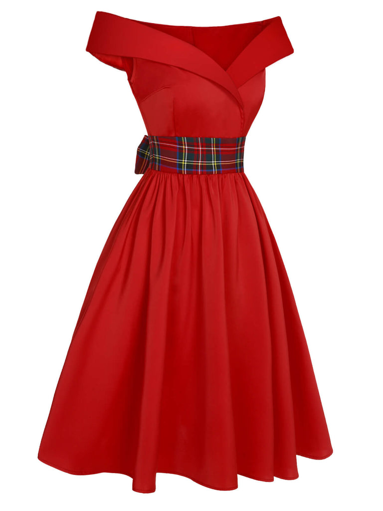 Red 1950s Christmas Plaids Off-Shoulder Dress