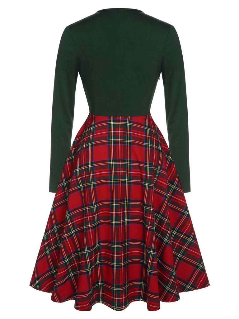 Green&Red 1950s Square Neck Plaids Long Sleeve Dress