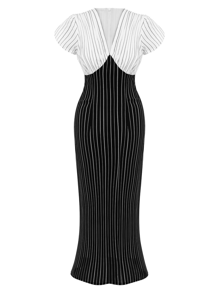 Black&White 1930s Striped Deep V-Neck Patchwork Dress