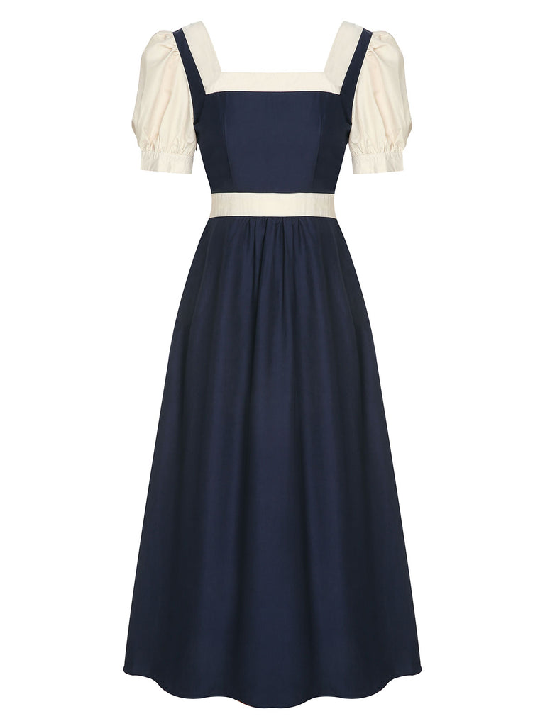 Navy Blue 1950s Square Neck Bubble Sleeve Dress