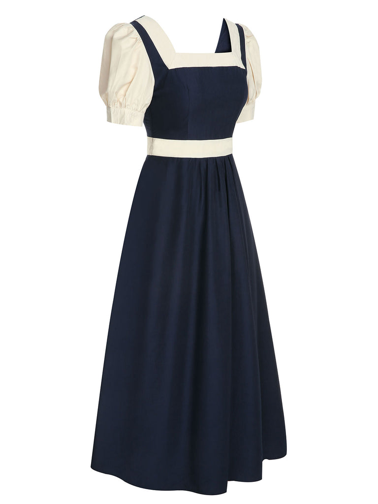 Navy Blue 1950s Square Neck Bubble Sleeve Dress