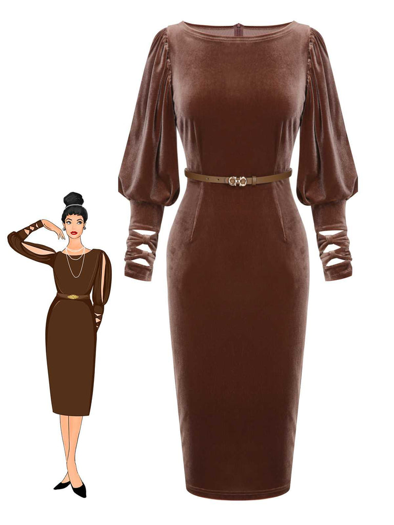 Dark Brown 1960s Puff Sleeve Velvet Belted Dress