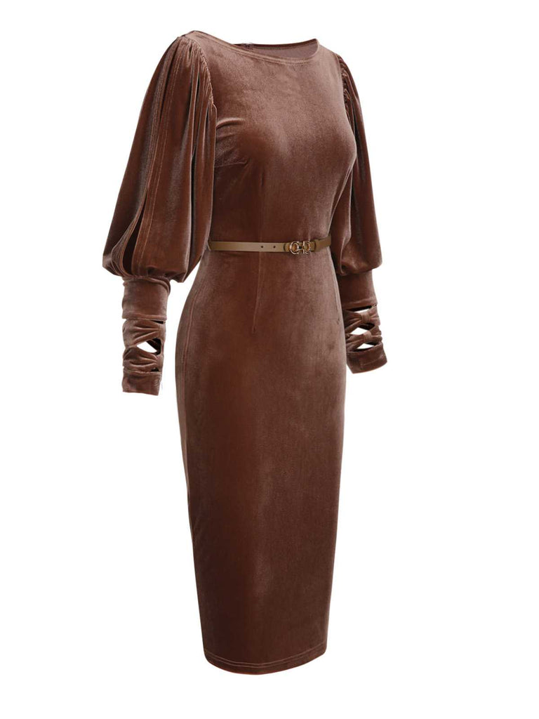 Dark Brown 1960s Puff Sleeve Velvet Belted Dress