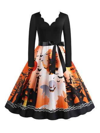 1950s Halloween Night V-Neck Ribbon Dress