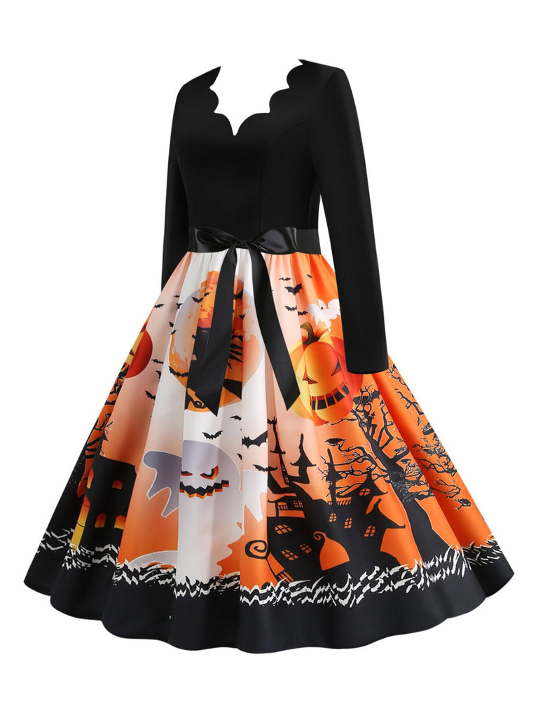 1950s Halloween Night V-Neck Ribbon Dress