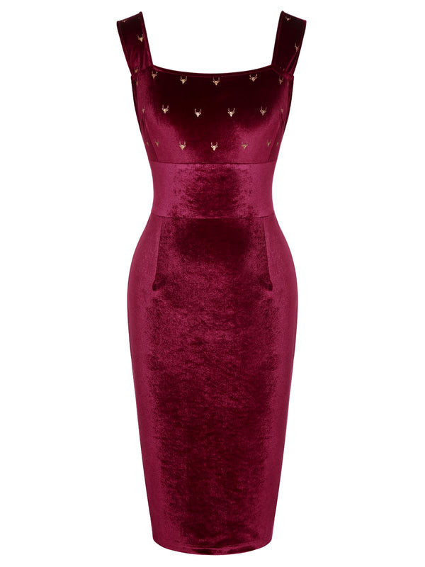 Women's Velvet Square Neck Elk Back-Bow Sheath Dress Wine Red / Size Small