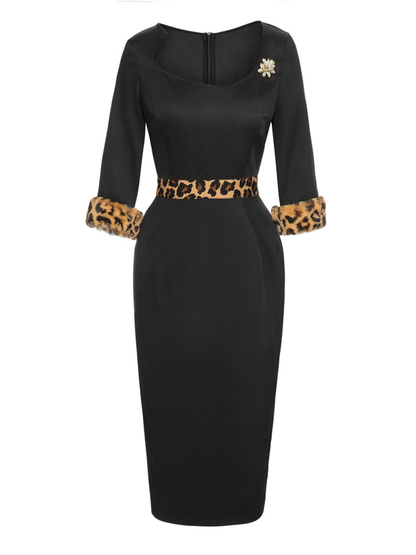 Vintage Raw Hem Leopard Asymmetric Sheath Dress Black