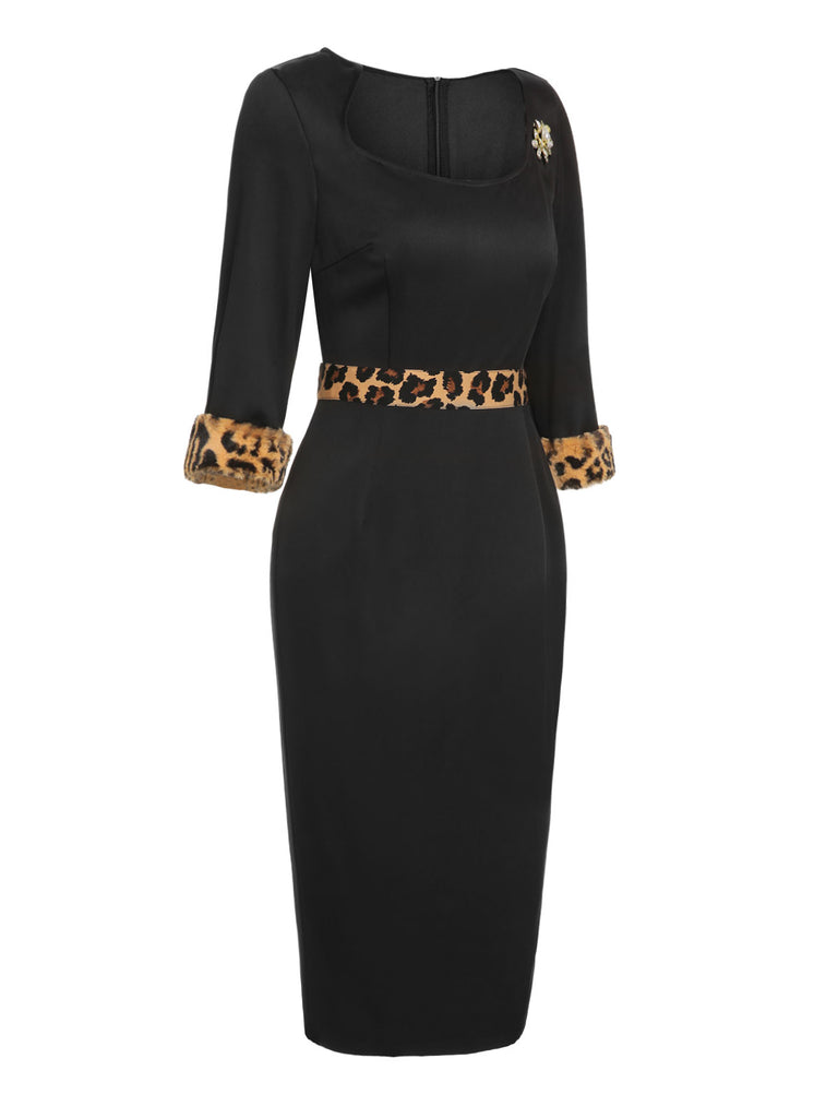 Black 1960s Raw Hem Leopard Asymmetric Wrap Dress