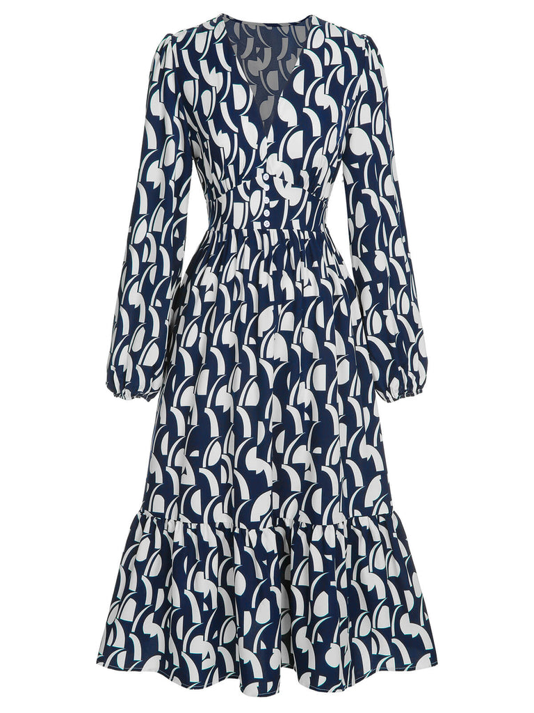 Navy Blue 1930s Geometric Printed V-Neck Dress