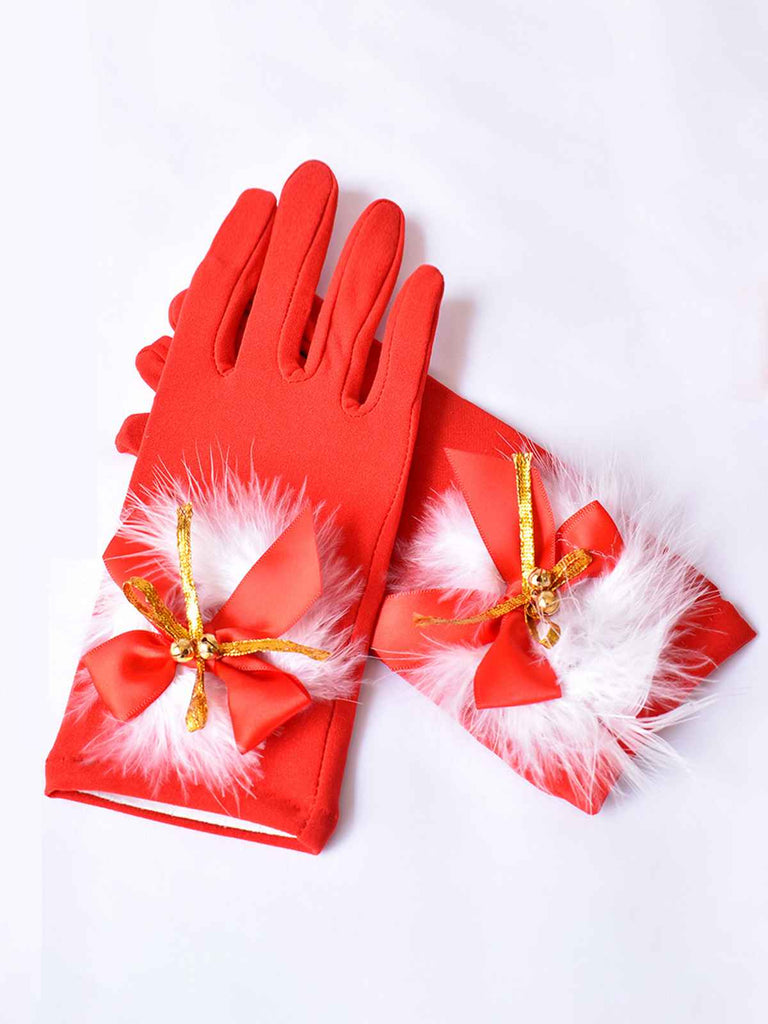 Red Christmas Bow Plush Bell Gloves