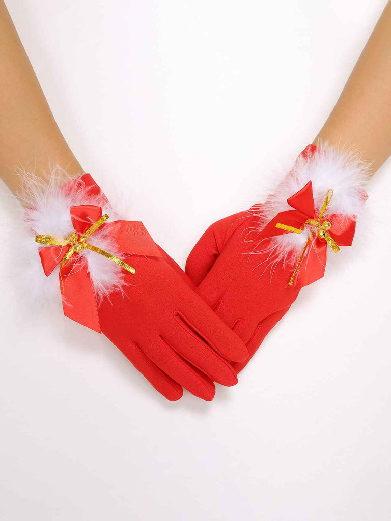 Red Christmas Bow Plush Bell Gloves