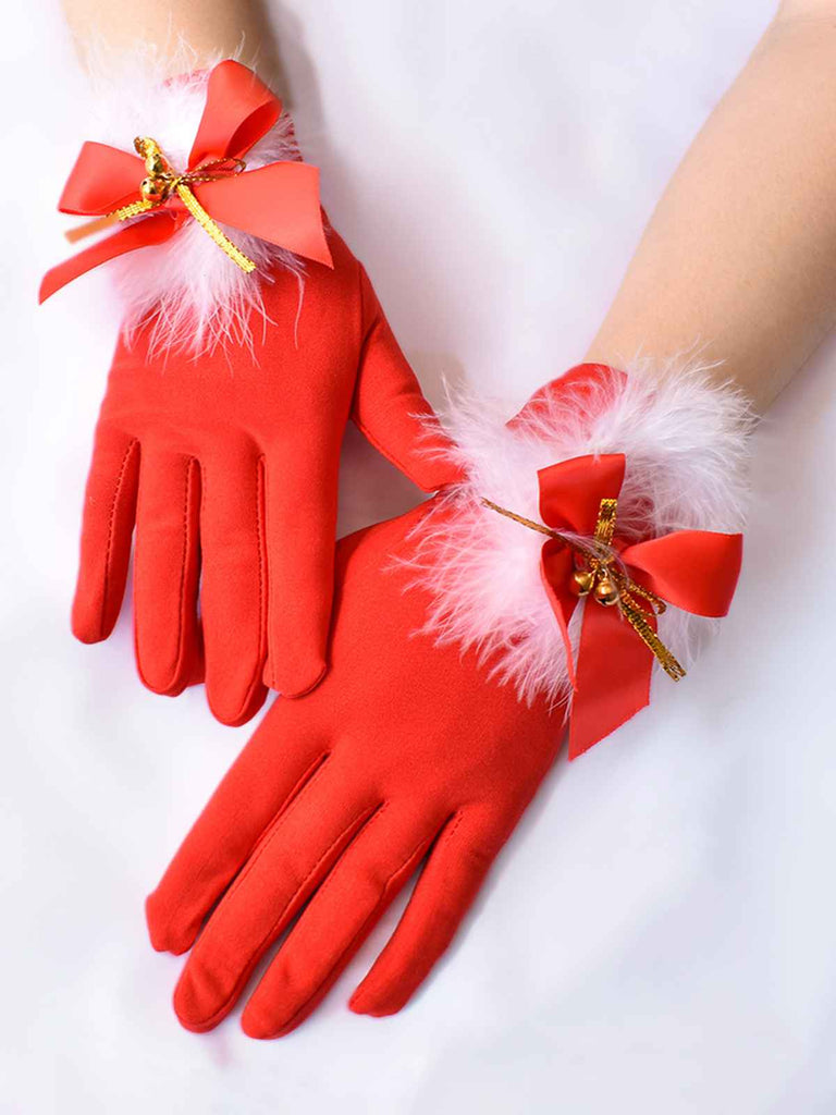 Red Christmas Bow Plush Bell Gloves