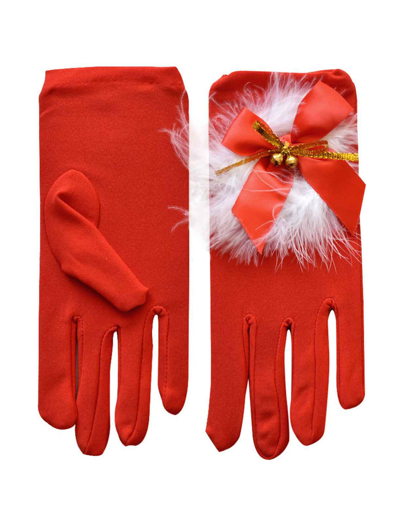Red Christmas Bow Plush Bell Gloves