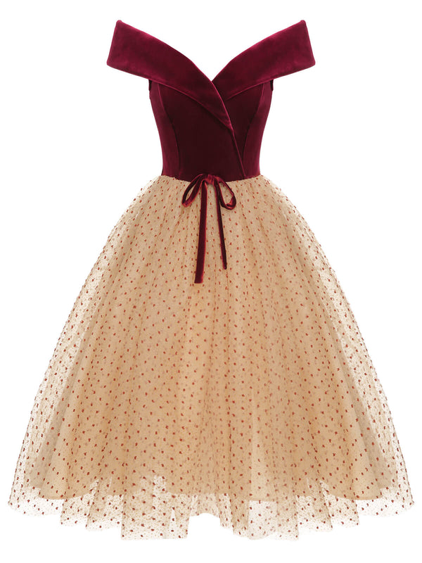 Cocktail A-line Off-shoulder Velvet Tulle Polka Dot Dress Burgundy