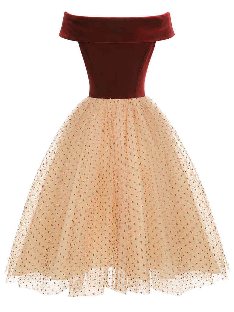 [Pre-Sale] Burgundy 1950s Velvet Mesh Polka Dot Dress